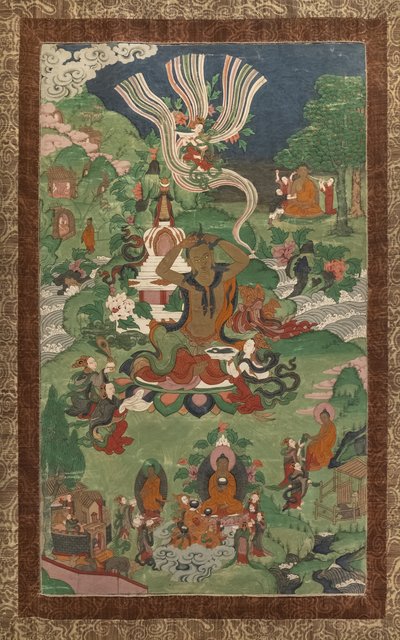 Kapsel en andere scènes. Thangka uit een vervolg gewijd aan de belangrijkste episodes uit het leven van de Boeddha. door School Asian