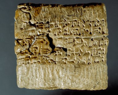Assyrische beschaving: gegraveerde doos met spijkerschrifttekens over de productie van twee zilvermijnen. Istanboel, Archeologisch Museum door School Assyrian