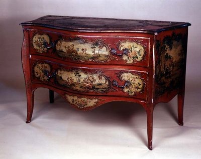 Geschilderde commode, met figuren in een landschap en bloemen door School Austrian