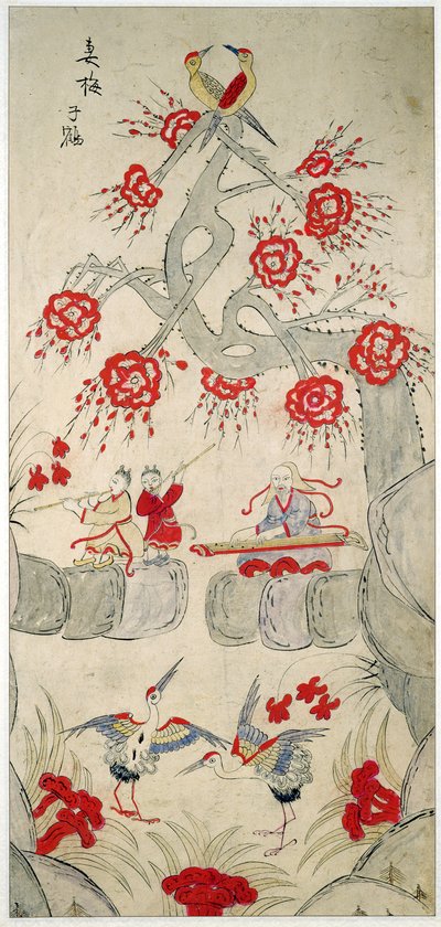 Een paneel van een achtvoudig scherm met beroemde verhalen uit China (natuurlijke pigmenten op papier) door School Chinese