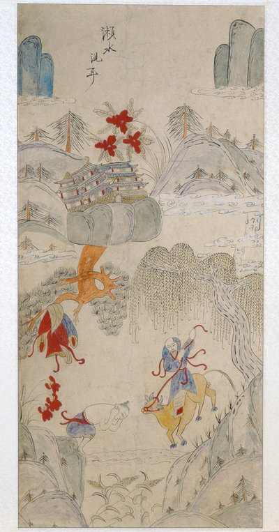 Een paneel van een achtvoudig scherm met beroemde verhalen uit China (natuurlijke pigmenten op papier) door School Chinese