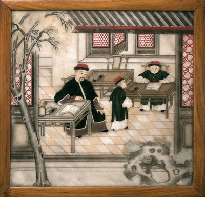 Decoratieve marmeren plaat die letters in hun kabinet voorstelt. Geschilderd marmer, Qing-dynastie (1644-1911), Chinese kunst. Musée d