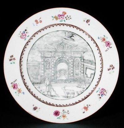 Dinerbord versierd en grisaille met Rose Famille email die Jacob Bobart (1599-1680) met een geit en een hond afbeeldt, Qianlong periode (1736-95) door School Chinese