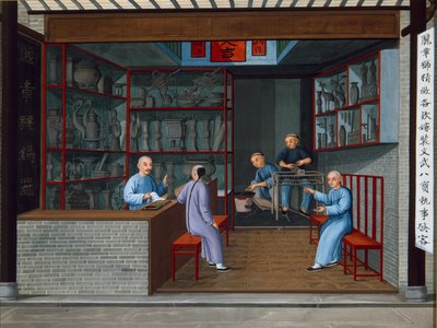 Tuttenage metaalwaren verkopen, ca 1825 (gouache op papier) door School Chinese