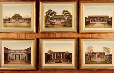 Set van zes Chinese paviljoens en binnenplaats scènes door School Chinese