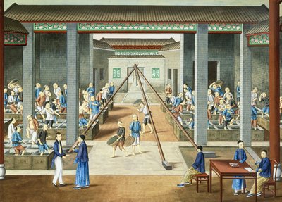 Theecultuur: thee wegen en kopen (gouache op papier) door School Chinese