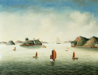 Gezicht op Canton, ca. 1850 (olieverf op doek) door School Chinese