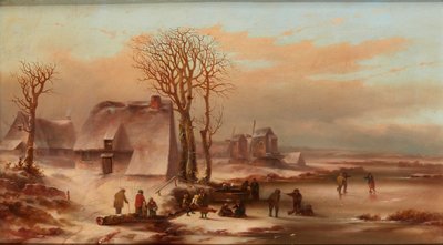 Een winterlandschap met figuren op een bevroren meer door School Dutch
