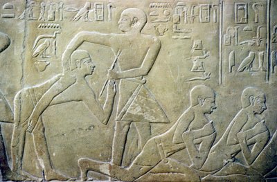 Dorpoudsten gedwongen om hun foutieve belastingaangiften toe te geven aan klerken, Tomb of Merereuka, 6e Dynastie door School Egyptian