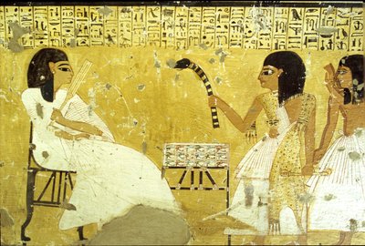 Oud Egypte, Graf van Inherkhau, Thebe, Inherkhau voor zijn zonen die de plichten van een priester vervullen, Draagt een luipaardhuid, Muurschildering, Vallei der Edelen, 20e dynastie door School Egyptian