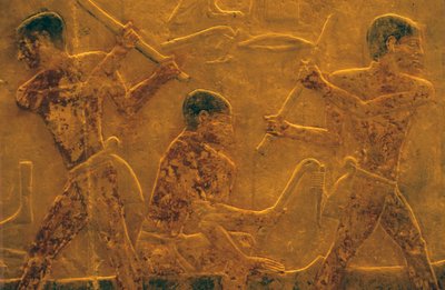 Oud Egypte, muurschildering, mastaba/graf van Ti, Saqqara, 5e dynastie, scheepsbouw door School Egyptian
