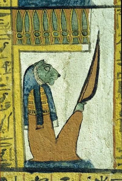 Oude Egypte, muurschildering, Leeuwenkop God van de onderwereld, Graf van Sennedjem, Thebe, Deir el Medina door School Egyptian