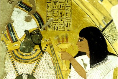 Oud Egypte, muurschildering Graf van Inherkhau, Thebe, Graf van de Edelen, 20e dynastie, Inherkhau brengt offers aan Osiris door School Egyptian
