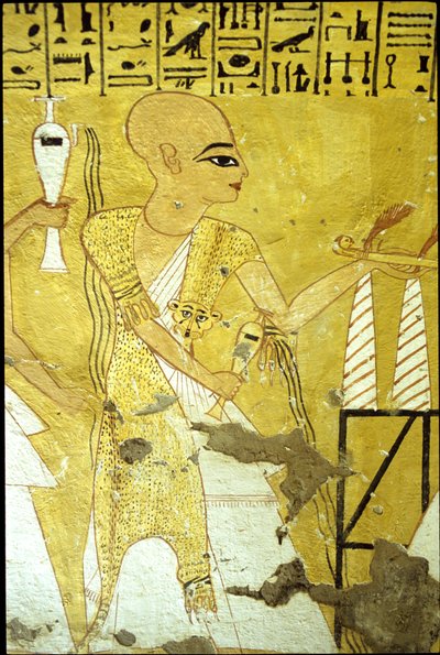 Oud Egypte, muurschildering Graf van Inherkhau, Thebe, Graf van de Edelen, 20e dynastie, Een priester giet plengoffers voor Inherkhau door School Egyptian