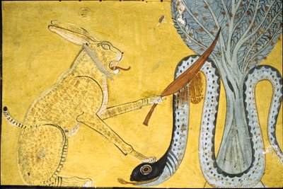 Oude Egypte, Muurschildering Tombe van Inherkhau, Thebe, Graf van de Nobelen, 20e dynastie, Amon ( Kat ) die de slang doodt, voorstellende Amon die de slang verslaat, Apophis onder de heilige boom (foto) door School Egyptian