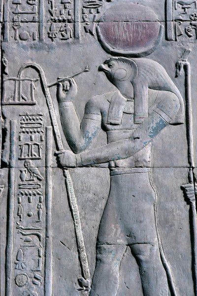 Oud Egypte, Muur schildering/gravure, Horus schrijft op papyrusrol, Tempel van Sebek en Horus, Kom Ombo door School Egyptian