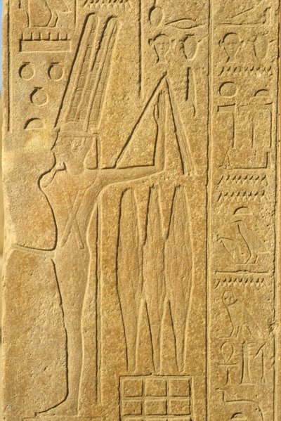 Oud Egypte, Muur schildering/gravure, De God Min, Karnak Tempel, Luxor, God van vruchtbaarheid, Houdt een dorsvlegel door School Egyptian
