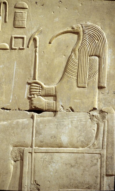 Oud Egypte, Muur schildering/gravure, De God Thoth, Tempel van Seti I, Abydos door School Egyptian