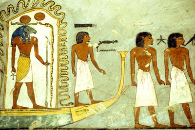 Oude Egypte, muurschildering, Reis door de onderwereld, boot getrokken door mannen, Graf van Ramses I, Thebe door School Egyptian