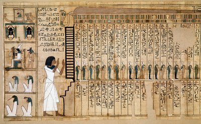 Egyptische oudheden: fragment van het Dodenboek, papyrus van Nebqed. Detail dat de aankomst van de overledene in het hiernamaals voorstelt. 18e dynastie. 1400-1350 v.Chr. Parijs, Musée du Louvre - Oude Egypte: fragment van het Dodenboek, Papyrus van Nebqed door School Egyptian