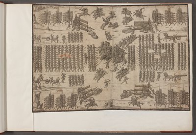 Een slag. Legers in formatie. Tekeningen van legers, soldaten, paarden en harnassen, en andere militaire scènes. 1500-1650 door School English