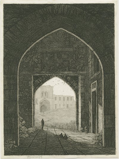 Dudley Castle - Poortgebouw en Noordpoort: ets, nd [?19e eeuw] door School English