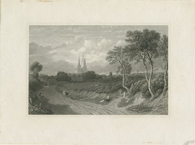 Lichfield Cathedral - Westaanzicht (veraf): gravure, nd [?18e eeuw] door School English