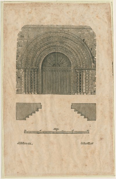 Tutbury Priory Church - Westelijke ingang: houtsnede gravure, nd [?vroeg 19e eeuw] door School English