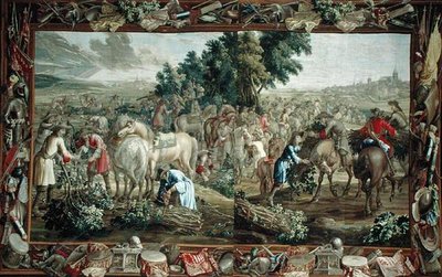 Dubbel wandtapijt met takkenverzamelaars buiten een stad, Brusselse werkplaats door School Flemish
