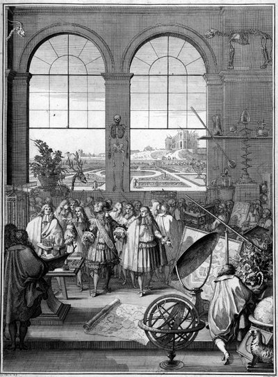 Allegorie van de Wetenschap (Lodewijk XIV bezoekt de wetenschap, 2e vlak, Parijs Observatorium) door School French