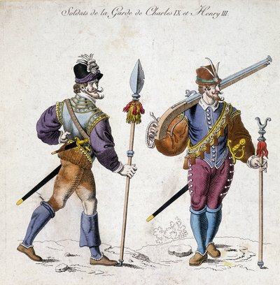 Kostuums van soldaten van de wacht van Karel IX (1550-1574) en Hendrik III (1574-1589). door School French