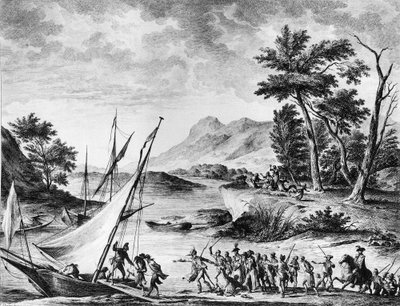 Franse revolutie: arrestatie van Franse ambassadeurs Charles Louis Huguet de Semonville (1759-1839) en Hugues Bernard Maret (1763-1839) in Novate op 25 juli 1793. Gravure en tekening door Duplessi - Bertaux door School French