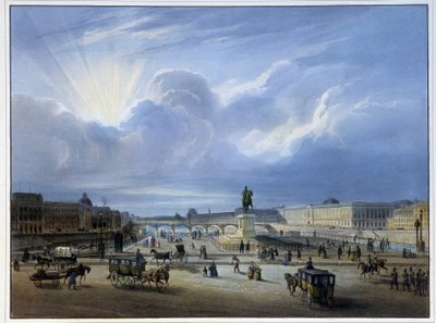 Algemeen uitzicht op het Louvre met het standbeeld van Hendrik IV door School French