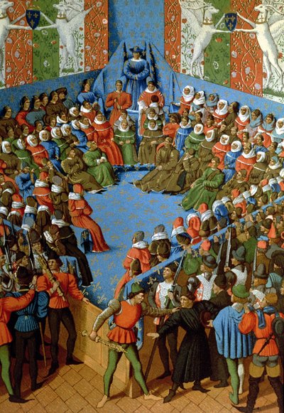 Vonnis over Jean, Hertog van Alençon, beschuldigd van samenzwering met de Engelsen tegen de Fransen, facsimile van een 15e-eeuws manuscript door Jean Fouquet door School French