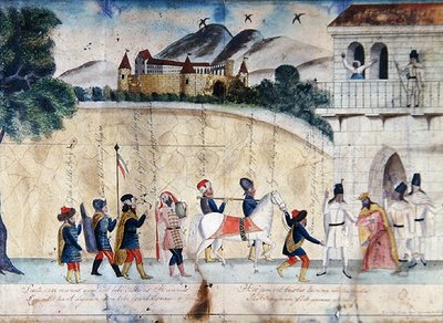 Beschrijving van de legende van de uitwisseling van land in Hongarije aan de Hongaren in ruil voor het geschenk van een wit paard aan de Moravische koning Svatopluk door School Hungarian