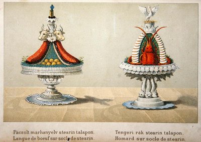 Ontwerp voor de presentatie van ossenhaas op een bed van stearine en voor kreeft, illustratie uit een Hongaars kookboek over Franse keuken, c.1880 door School Hungarian