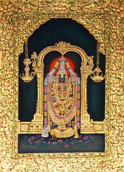 God Tirupati Balaji in miniatuurschilderij op papier met goudembossing door School Indian