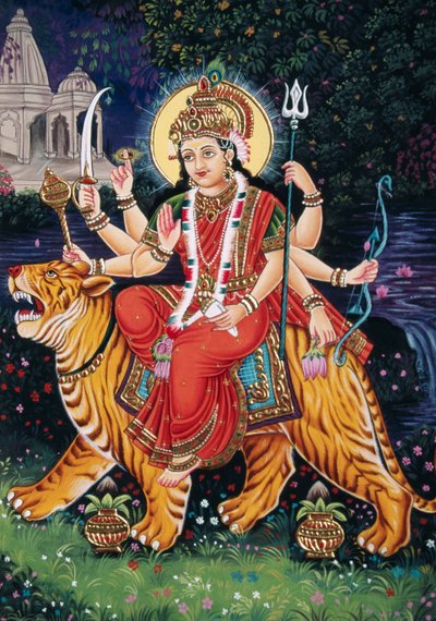 Godin Durga miniatuurschilderij op papier met borduurwerk door School Indian