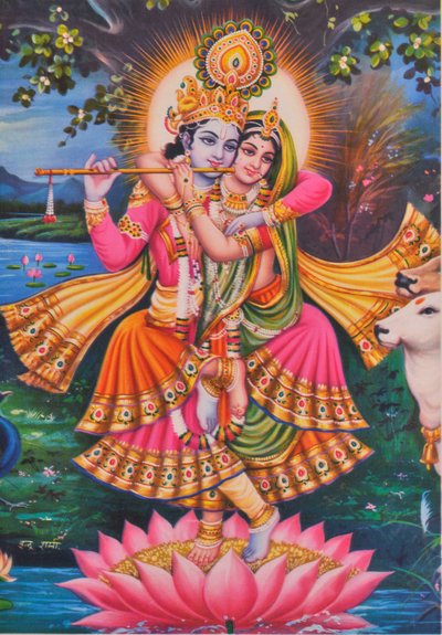 Krishna en Radha (kleurenlitho) door School Indian