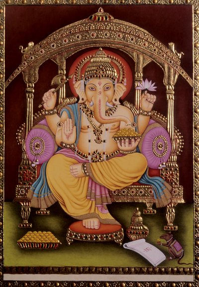 Heer Ganesh Ganpati miniatuurschilderij op papier met goud embossing door School Indian