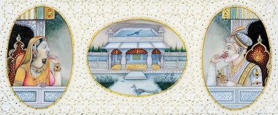 Miniatuurschildering van Mogolkeizer Aurangzeb met vrouw Mehrunnisa door School Indian
