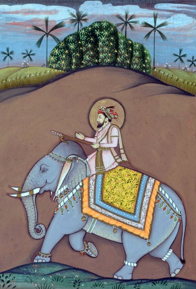 Miniatuurschilderij van Mughal-keizer Shah Jahan zittend op een olifant door School Indian