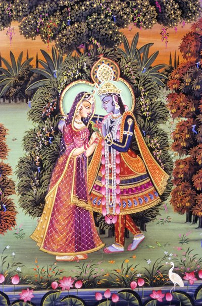 Miniatuurschilderij van Radha Krishna, India door School Indian