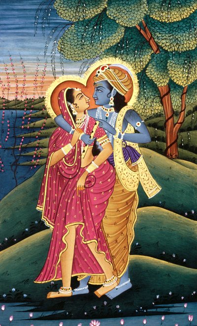 Schilderij van God Krishna & haar grootste toegewijde Radha, India door School Indian