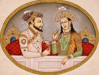 Portret van Mughal keizer Shahjahan met koningin Mumtaz Mahal, India door School Indian