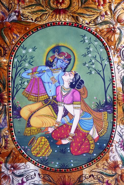 Radha Krishna miniatuurschilderij op papier door School Indian
