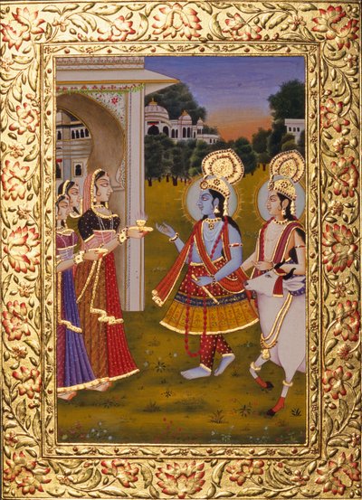 Radha Krishna miniatuurschilderij op papier met goud reliëf door School Indian