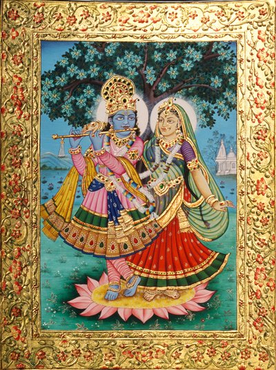 Radha Krishna miniatuurschilderij op papier met gouden reliëf door School Indian