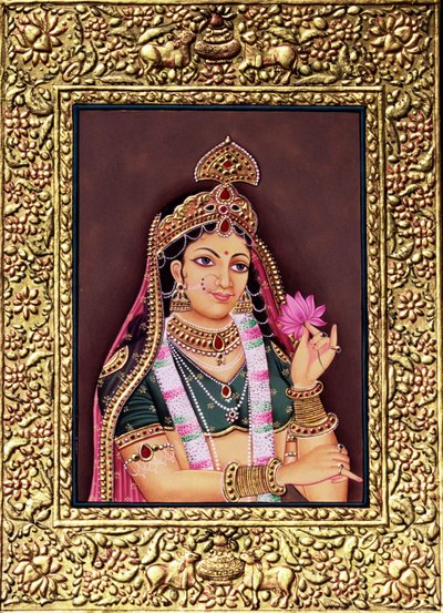 Radha miniatuurschilderij op papier met goudembossing door School Indian