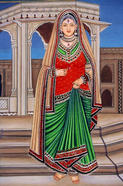 Rajasthani dame bij ontmoeting miniatuurschilderij op papier door School Indian